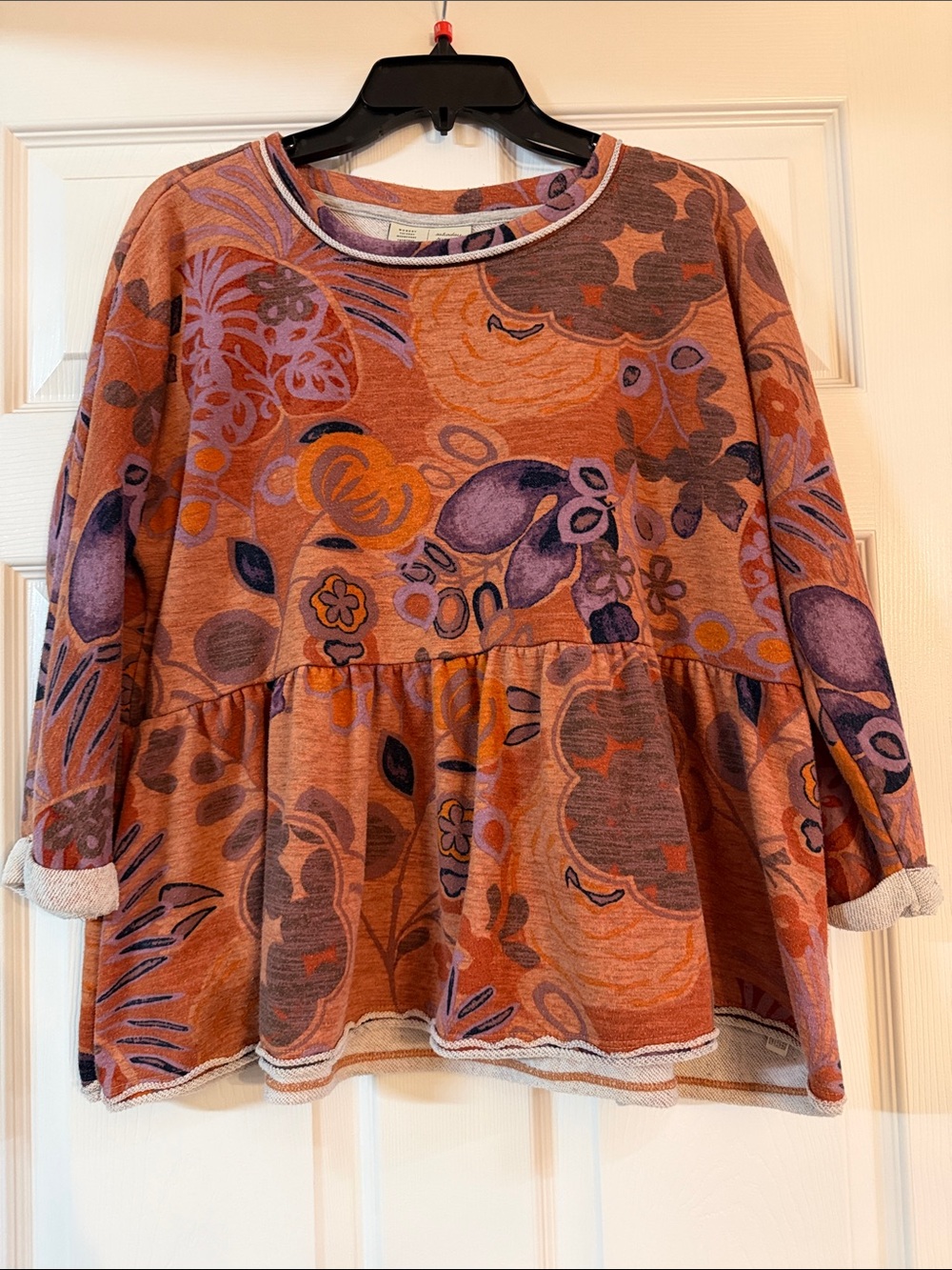 Saturday Sunday - Anthropologie Rust Floral Peplum Pullover with Purple Accents